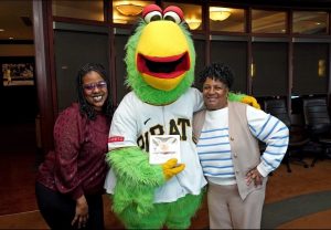 Precious Chambers with the Pittsburgh Pirate Parrot mascot